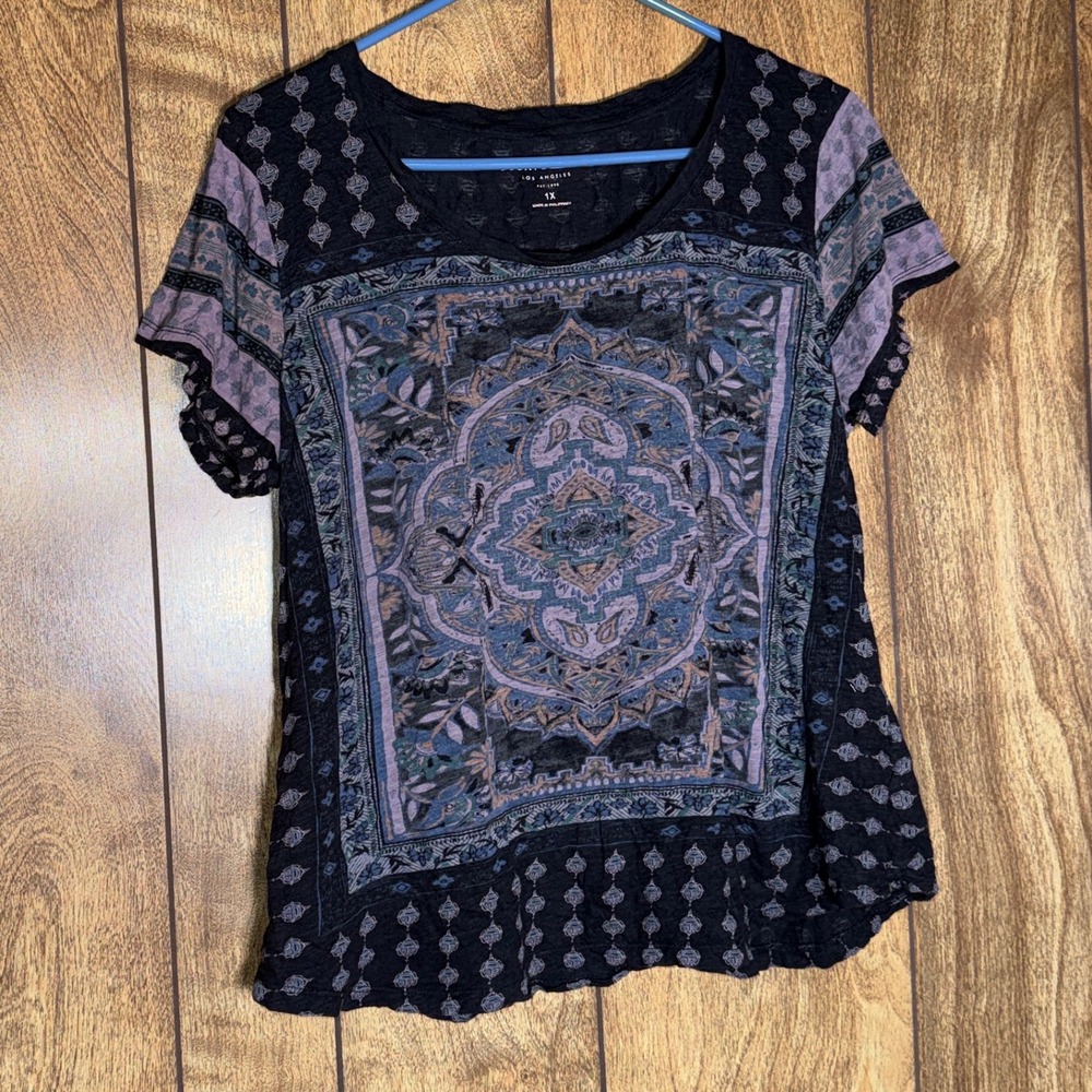 Lucky Brand Womens 1X Boho Medallion Print Short Sleeve Tee Black Purple 7QP8364